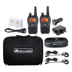 Midland X-TALKER, Pair of Radios with Batteries, DTC and USB Cable Charger, hard shell case, car charger, set of AVP1 headsets [A]